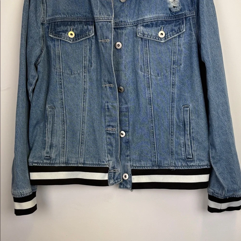 Doe & Rae Blue Distressed Denim Jacket With Stripes Size Small